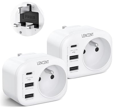 LENCENT 2 Packs Adaptateur Prise UK Anglaise avec 2 Ports USB et 1 Port USB-C - pour Royaume-Uni, Irlande, Écosse, Grande Bretagne, Dubai - Type G Mâle UK Femelle France