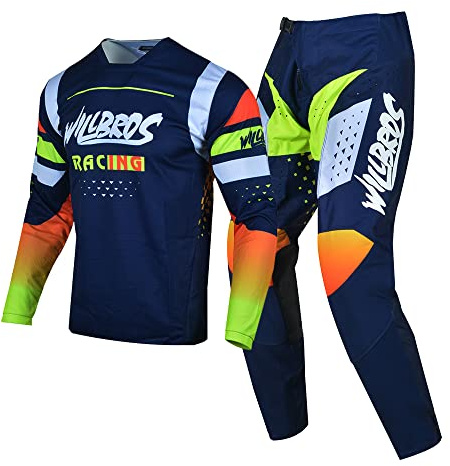 Willbros Pantalones de Camiseta de Motocross Traje Hombres Bicicleta Sucia Gear Set MX Fuera del Camino Montando Adulta Ropa de Carrera Azul Blanco Amarillo (Jersey S Pants 30)