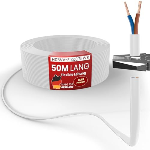 MAS Premium Von 5 bis 100m Kunststoffschlauchleitung H03VV-F 2X0,5, 2X0,75, 3G0,75 oder 4G0,75 Flexible Leitung Kabel Gerätekabel (H03VV-F 2X0,75 WS, 50m)