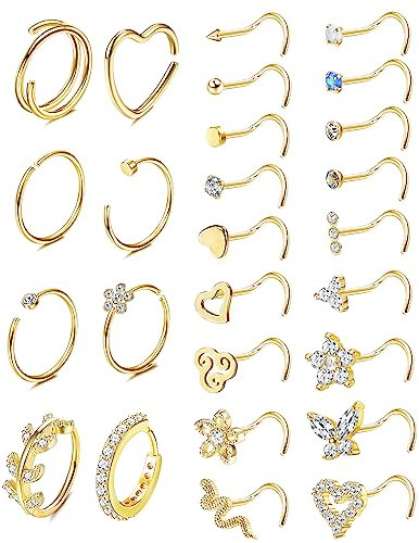 Adramata 26Pcs 20G Nasenpiercing Chirurgenstahl Nasenring Piercing Brillant Nasenstecker Schmetterling Schlangen Nostril Piercing Set Gold Silber Nasenstecker Nasenpiercing für Damen Herren