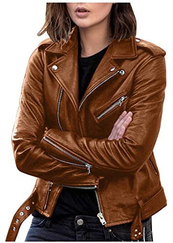 EMUKFD Veste de moto en cuir synthétique pour femme - Grande taille - Manteau court léger en similicuir végétalien - Tendance - Coupe ajustée - Avec poches zippées