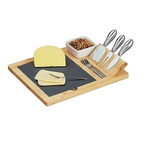 Relaxdays Set da Tavola, Vassoio in bambù e 3 Posate Formaggio, Piatto Rettangolare Tagliere per Aperitivo, Marrone Nero