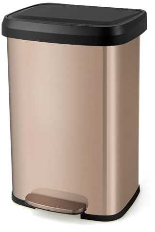 LIFEZEAL Cubo de Basura Rectangular con Pedal 50/68L, Cubo de Basura de Cocina de Acero Inoxidable, con Caja Antiolor, Tapa de Cierre Suave (50L, Oro)