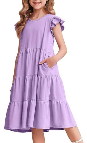 Arshiner Girls Dresses Ruffle Sleeves Summer Kids Cotton Casual Dress Round Neck Sleeveless Party Swing Festive Dress for Girls 10-11 Years Lilac