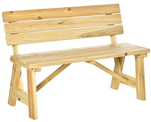 Outsunny Panchina da Esterno in Legno, Panchina 2 Posti da Giardino a Doghe con Schienale Alto, 116x56x80cm, Colore Naturale