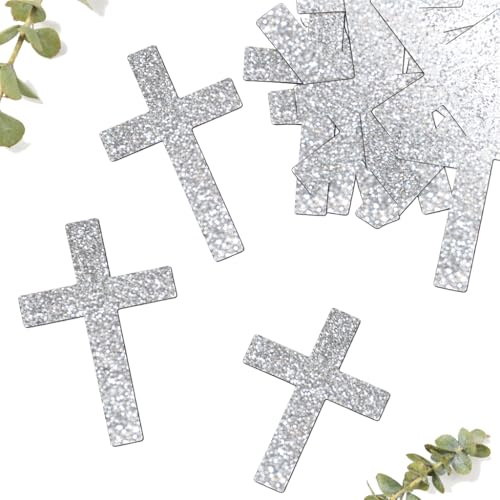 Lot de 25 confettis couleur personnalisé en forme de croix épaisse, brillant ou pailleté, argenté ou doré, baptême, communion, mariage, religion