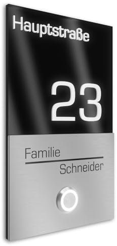 Graviers Design V2A timbre de acero inoxidable con número de casa nombre de la calle grabado - placa 110x180mm LED pulsador diseño moderno acrílico negro