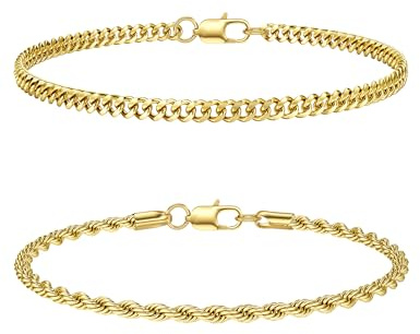 CASSIECA 2Pcs Armkette Herren Edelstahl Armband Herren Armband Herren Gold Stackable Kette Armband Kubanisches Seil Herren Jungen Gold Schmuck Herren 19CM Geschenke für Papa Ehemann Sohn