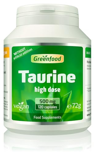 Greenfood Taurin, 500 mg, Highly dosed, 120 Capsules - Natural, Known from Energy Drinks. Without Artificial additives. Without Genetic Engineering. Vegan.