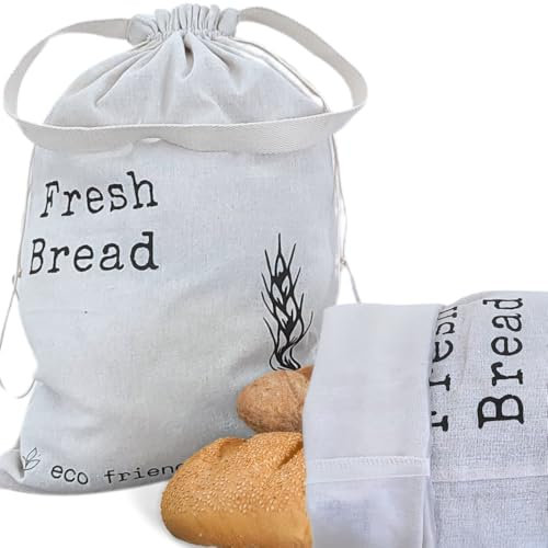 Linen Bread Bags for Homemade Bread - 2 Pack XXL Reusable Sourdough Bread Storage Bags, Keep Bread Fresh Longer, Linen Bag with Drawstring Handle, Washable, Gifts for Bakers