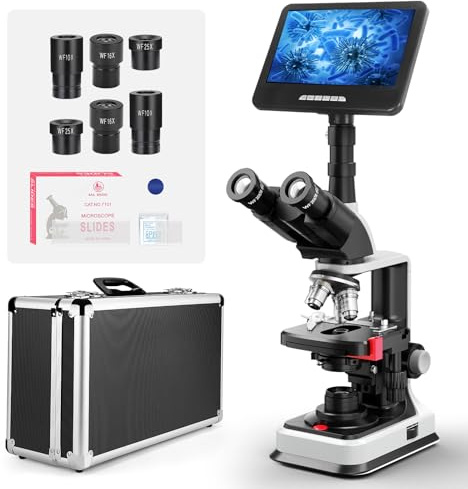 [24MP Smart Monitor] Vabiooth Lab Compound Trinocular Microscopes 40X-2500X Magnification with 7 Monitor Free Software-One Click Capturing Images & Video, Measuring Lengths, Wide-Field Eyepieces