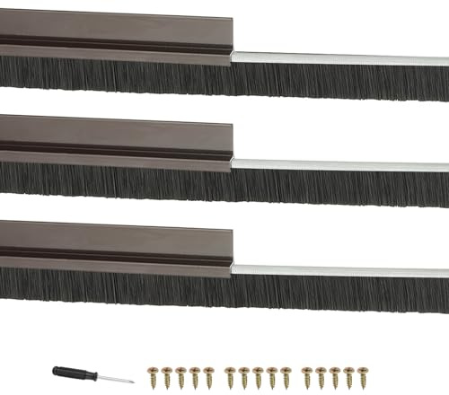 PATIKIL Door Brush Sweeps 0.79 Bristles x 39.37 Long, 3 Sets H-Shape Aluminum Alloy Holder Brush Sweep for Bottom of Door Seal Garage Weather Stripping, Brown/Black
