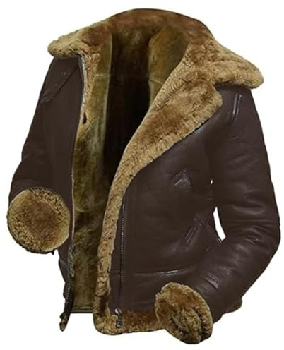 TRESSANO Women's Hooded Leather Jacket - Faux Fur Shearling Aviator Pilot Bomber Genuine Sheepskin Leather Jackets for Women (US, Alpha, Large, Regular, Regular, Brown)