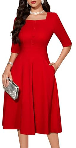 Bbonlinedress Vestido de cóctel para mujer, formal, para invitada de boda, manga 3/4, acampanado, cuello cuadrado, iglesia, vestido de graduación, Rojo, S