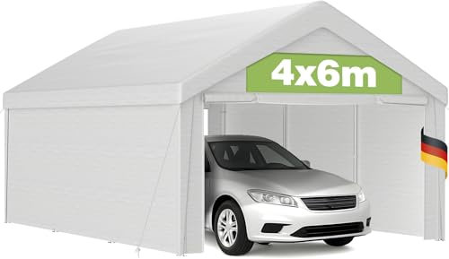 Tente Garage Carport Grand 4x6 m Robuste avec Cadre en Métal Galvanisé, Bâche PE Épaisse Imperméable et UV, Parois Amovibles Incluses, pour Voiture Bateau Outils Extérieur - Blanc