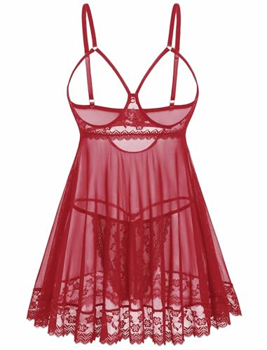 Avidlove Sexy Lace Babydoll Dress Lingerie for Women Sheer Mesh Chemise Sleepwear Exotic Boudoir Outfits Wine Red Large