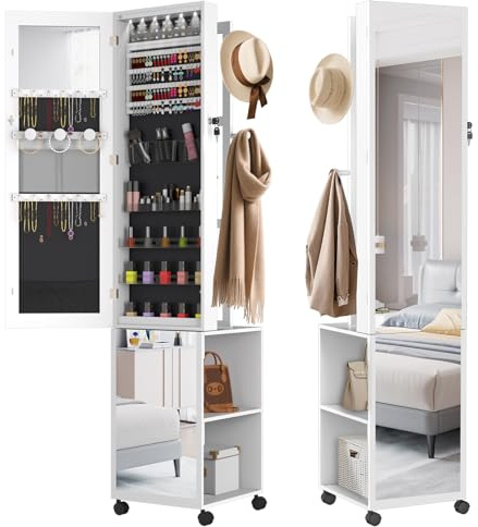 YRHome Armoire à bijoux 5 en 1 avec éclairage, armoire à bijoux, à miroir, rotative à 360°, avec 4 roues et compartiments verrouillables, organisateur de bijoux avec crochets + miroir mobile sur toute
