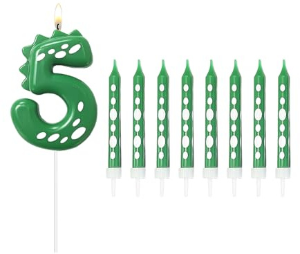 HDGSAFD 9 Pezzi di Candele Verdi, Dinosauro Numero 5 Candele, Dinosauro Tema Decorazione, Torta di Compleanno Candele, Bambini Festa di Compleanno Decorazione Forniture.