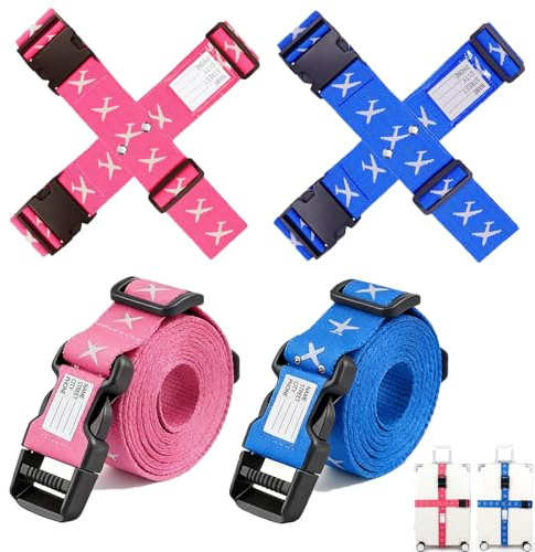 AEMCHDM Cinghia per Valigia da Viaggio in 4 Pezzi con Chiusura a Combinazione, Cinturino Trasversale per Bagagli per Chiudere, Accattivante Cinghia per Valigie da 20-34 Pollici (Blu reale, Rosso rosa)