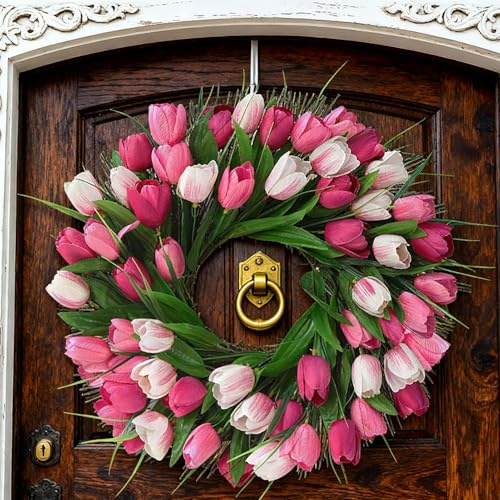 Goshyda 17,72 Tum Blomsterkrans för Ytterdörrens Verandafönster, Konstgjorda Tulpaner Blomsterkrans för Heminredning (Rosa Vit)