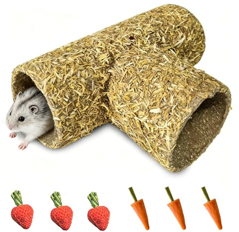 Hamster Hideout Tunnel Natural Hay & Dried Flower Paper Tube Maze Burrowing Habitat Decor for Dwarf Hamsters Gerbils Mice Syrian Hamsters (Calendula)