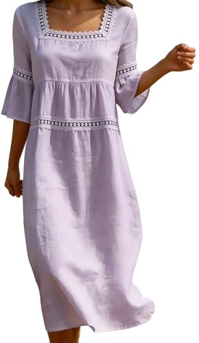 Abito da spiaggia da donna in cotone e lino, maniche a 3/4, abito estivo leggero in lino, scollo a V, abito per il tempo libero, elegante, traspirante, per la spiaggia, per tutti i giorni, ufficio