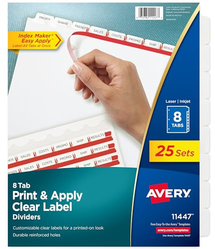 Avery 8-Tab Binder Dividers, Easy Print & Apply Clear Label Strip, Index Maker, White Tabs, 25 Sets (11447)