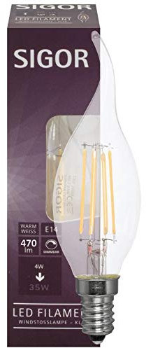SIGOR Filament-LED-Lampe, Windstoß-Kerzen-Form, klar, E14/230V (9019604129)