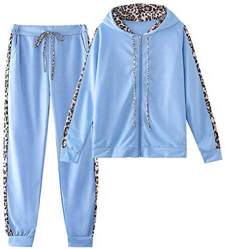 amropi Mujer Leopardo Conjunto de Ropa Chandal con Capucha Tops y Pantalones Deportivos Señoras 2 Piezas Set M,Azul