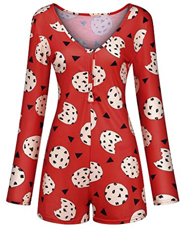 Mujer Pijama de Una Pieza Mono de Manga Larga Ropa de Dormir Pelele de Mameluco con Botones y Cuello en V para Chica Adolescente (Rojo, M)