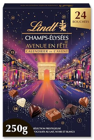 Lindt - Calendrier de l'Avent CHAMPS-ÉLYSÉES - Assortiment de Chocolats au Lait, Noirs et Blancs - Pralinés, Croustillants et Onctueux - Idéal pour Noël, 250g