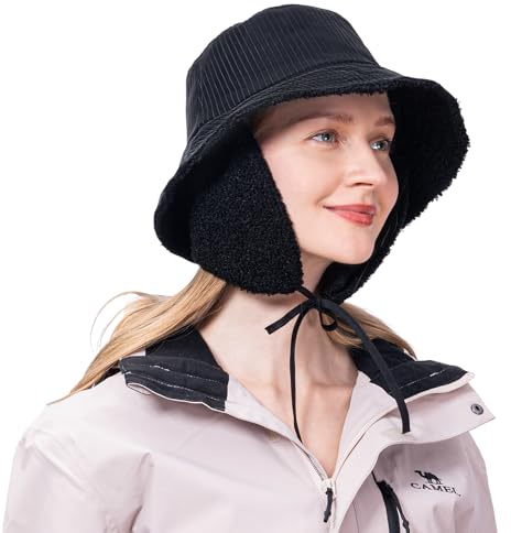 ZffXH Vinter varm Cloche fiskarhatt polarfleece vattentät 1920-tal vintage keps öronklaffar halsskydd för kvinnor flickor damer brett brätte regn, Svart, L