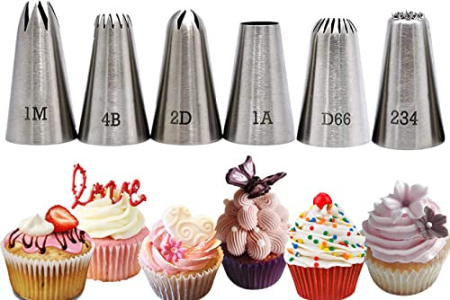 XOPOZON Set di 6 Beccucci in Acciaio Inox, Beccucci Sac a Poche Grandi, Punte per Piping Grandi (1M, 2D, 4B, 1A, D66 e 234) per Decorare Torte per Cottura Fai da Te Torta alla Crema Cupcake