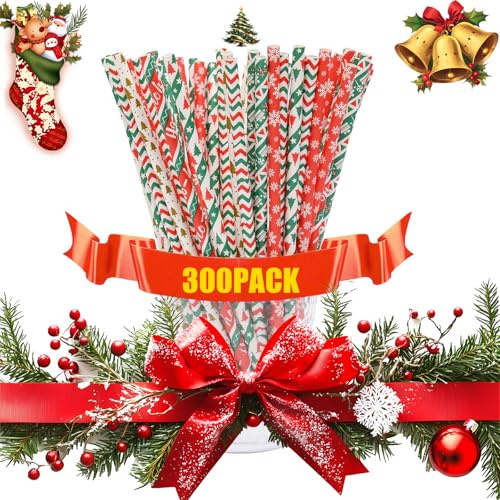 Sinzau 300 Unidades de Pajitas de Papel NavideñAs, Pajitas de Colores para Navidad, DecoracióN de Tartas, DecoracióN de Postres, Fiestas, CumpleañOs, Bodas