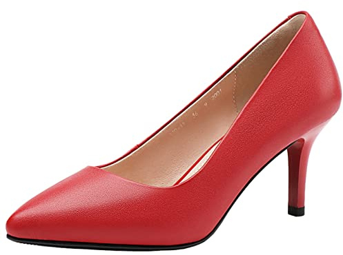 Jamron Femme Cuir Véritable 7CM Talons Hauts Élégant Escarpins Bout Pointu Chaussures de Bureau Rouge SN602C015-2 EU37