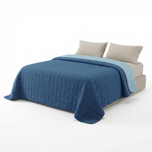 INTRECCI Copriletto Matrimoniale Estivo, Trapunta Estiva Matrimoniale, 260x260 cm, Coperta Estiva, anche Primaverile, Double Face, Moderna, Leggera, Elegante. Colore: Blu/Azzurro