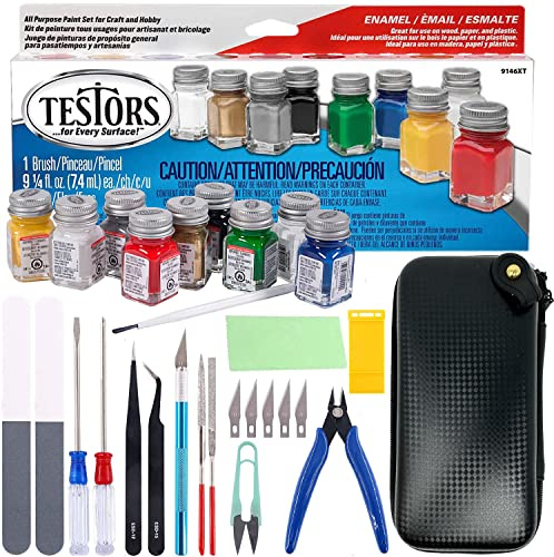 Testors Model Paint and Pixiss Model Accessory Kit - 10 Rich Enamel Paints - Fast Drying - Adheres to Plastic, Paper, Metal - Includes Essential Tools for Gundam, Model Cars, DnD Miniatures