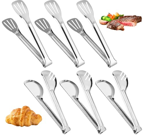 6PCS Kitchen Cooking Serving Tongs, LIUCONGBD Stainless Steel Food Serving Tong, 9'' Buffet Frying Barbecue Tongs Utensils, Small Food Tong for Cake Home Birthday Wedding Candy Bar Party