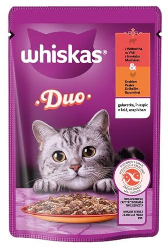 Whiskas Adult 1+ Nassfutter für Katzen Duo Classic Combos in Gelee mit Rind und Geflügel 2 x 28 x 85g (56 Beutel)