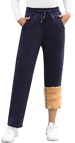 Voqeen Women's Sherpa Lined Sweatpants Thermal Fleece Lined Jogger Pants Winter Thick Furry Trousers Warm Tracksuit Bottoms with Drawstring and Pockets Navy