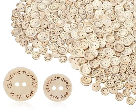 Lhbwhiz 80 Stück Holzknöpfe, Kleine Runde Süße Bastelknöpfe zum Nähen und Basteln, 'Handmade with Love' Holz Knöpfe(15mm, 20mm)