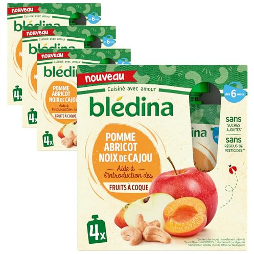 Blédina - Gourde de Purées de Fruits et Noix de Cajou - 16 gourdes Pomme Abricot Noix de Cajou - Pour bébé dès 6 Mois - Lot de 16 gourdes de 85g