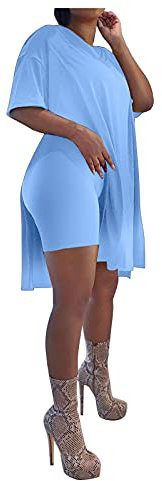 2024 Neue Shorts für Damen und Mädchen, modisch, zwei Outfits für Frauen, kurzärmelig, lässig, Basic-Shorts, Set, gepolsterte Fahrrad-Shorts, Anzug für Damen, hellblau, 38
