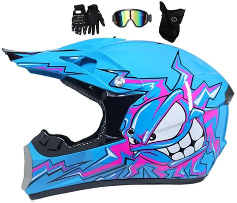 Casque Moto Enfant, Casque De Motocross Intégral, Casque Cycliste Pour Jeunesse, Casques Intégraux AVT MX Casques Moto De Cross Enfants Quad Bike Vélo De Montagne, Avec Goggle Gants Masque(Color:Blue,