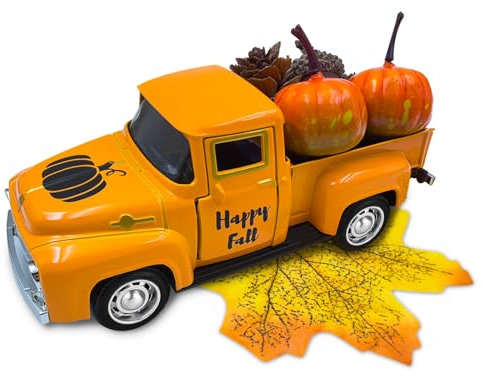Thanksgiving Décoration, Camion Vintage en Métal avec Citrouilles Artificielles de Décoration, Feuilles D'érable Artificielles pour Automne Décoration Maison Deco Automne pour Table Faire la Fête