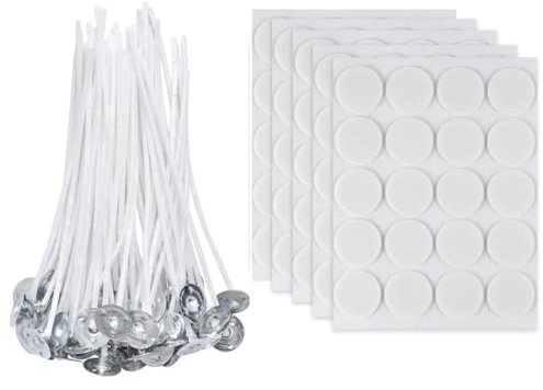 100 Piezas Mechas para Velas,10 cm Mechas para Velas Algodón Natural y 100pcs Pegatinas de Mecha de Doble Cara,para Fabricación de Velas de Bricolaje, Artesanía de Bricolaje