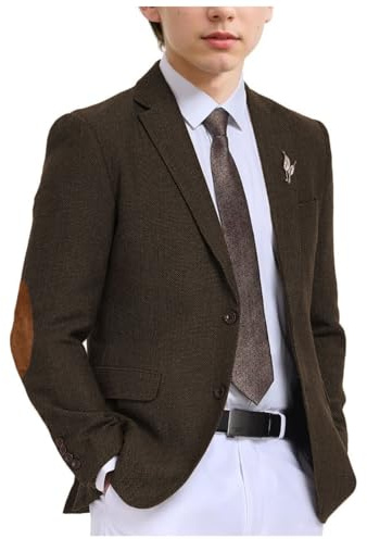 Stillluxury Chaqueta de tweed de espiga para niño con parche en el codo, solapa de muesca de un solo botonadura, abrigo deportivo formal, marrón oscuro, 7 años