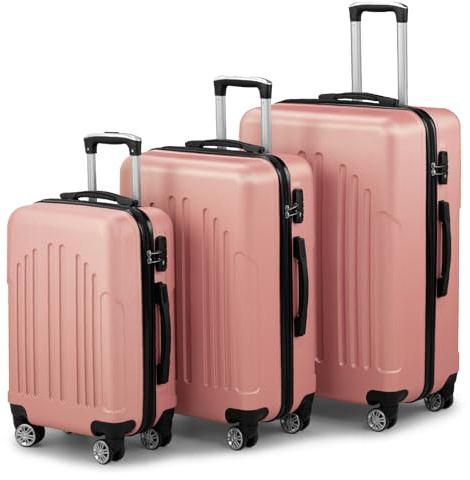 LALAHO Kofferset 3 teilig Hartschale, Reisekoffer mit Rollen Groß, Koffer Set 3 Stück aus ABS+PC, Handgepäck, Hartschalenkoffer Set, Roségold