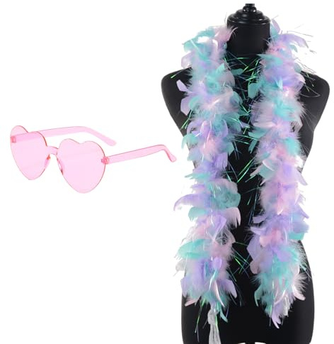 CYCFMYYLY 2 PCS Feather Boa Set, Feather Boas, Multicoloured Feather Boa for Prom, Wedding Party, Role Play, Carnival, Halloween Accessories for Women, with Pink Heart Glasses