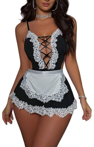 Gatamiau Tenue Femme de Chambre Sexy Costume Maid Soubrette Dentelle Tablier Robe Babydoll Uniforme V Profond Cosplay Jeu Rôle Halloween Lune Miel Blanc+Noir Rouge+Noir (Blanc + Noir, XL)